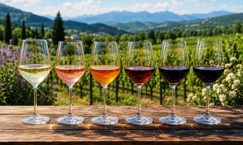 Why Discover Bulgarian Wine Now? Diverse Styles from a Distinctive Wine Country Bulgarian wine in six glasses of white, rosé, orange and red wine overlooking a vineyard, showcasing the diversity and discovery of modern Bulgarian wine